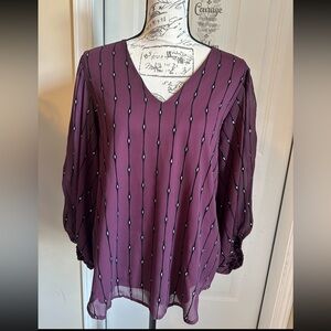 NWT ADRIENNE Womens Burgundy 3/4 sleeve top with black stripes Size S